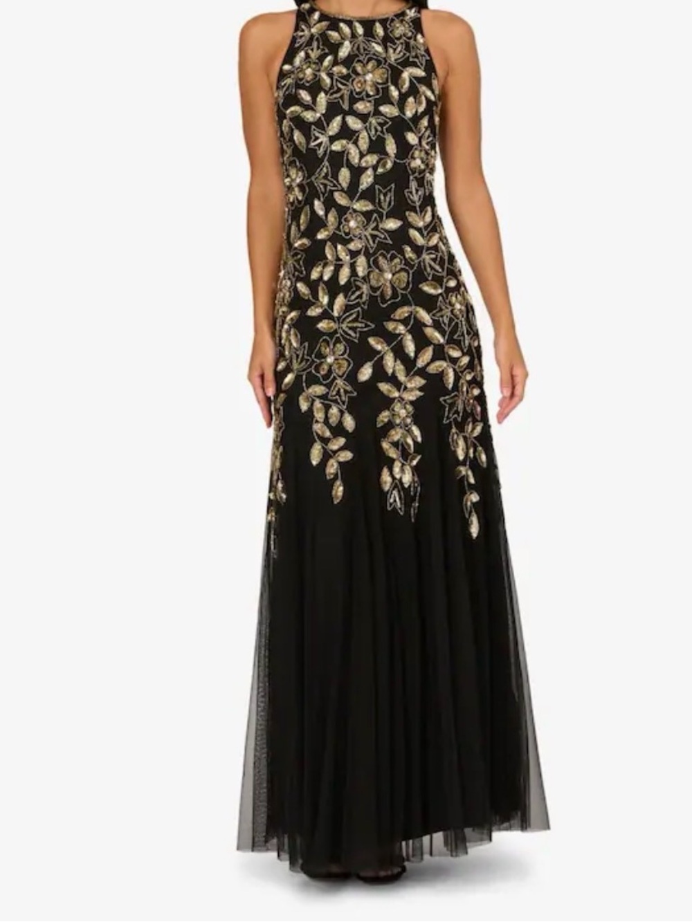 Adrianna Papell Black Maxi Gown with Gold Floral Embroidery